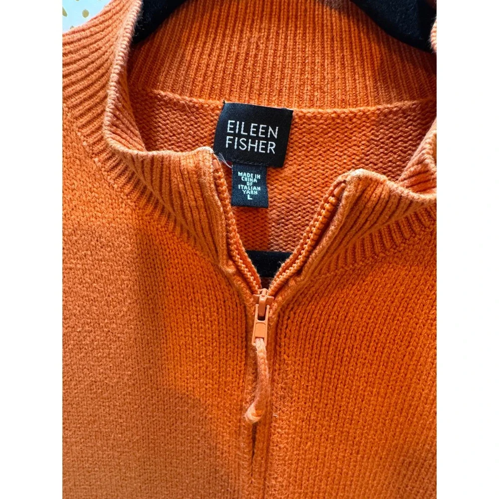 Eileen Fisher Sweater Womens L Orange Zip Up Mock Neck Casual Summer Layering‎